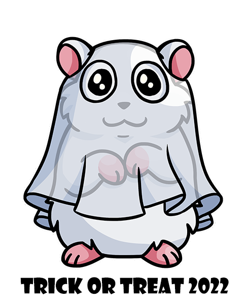An adorable illustrated hamster in a ghost costume. Badge for the Trick or Treat Exchange 2022